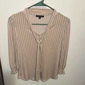 Adrianna Papell Beige and Navy Striped Tie-Neck Blouse